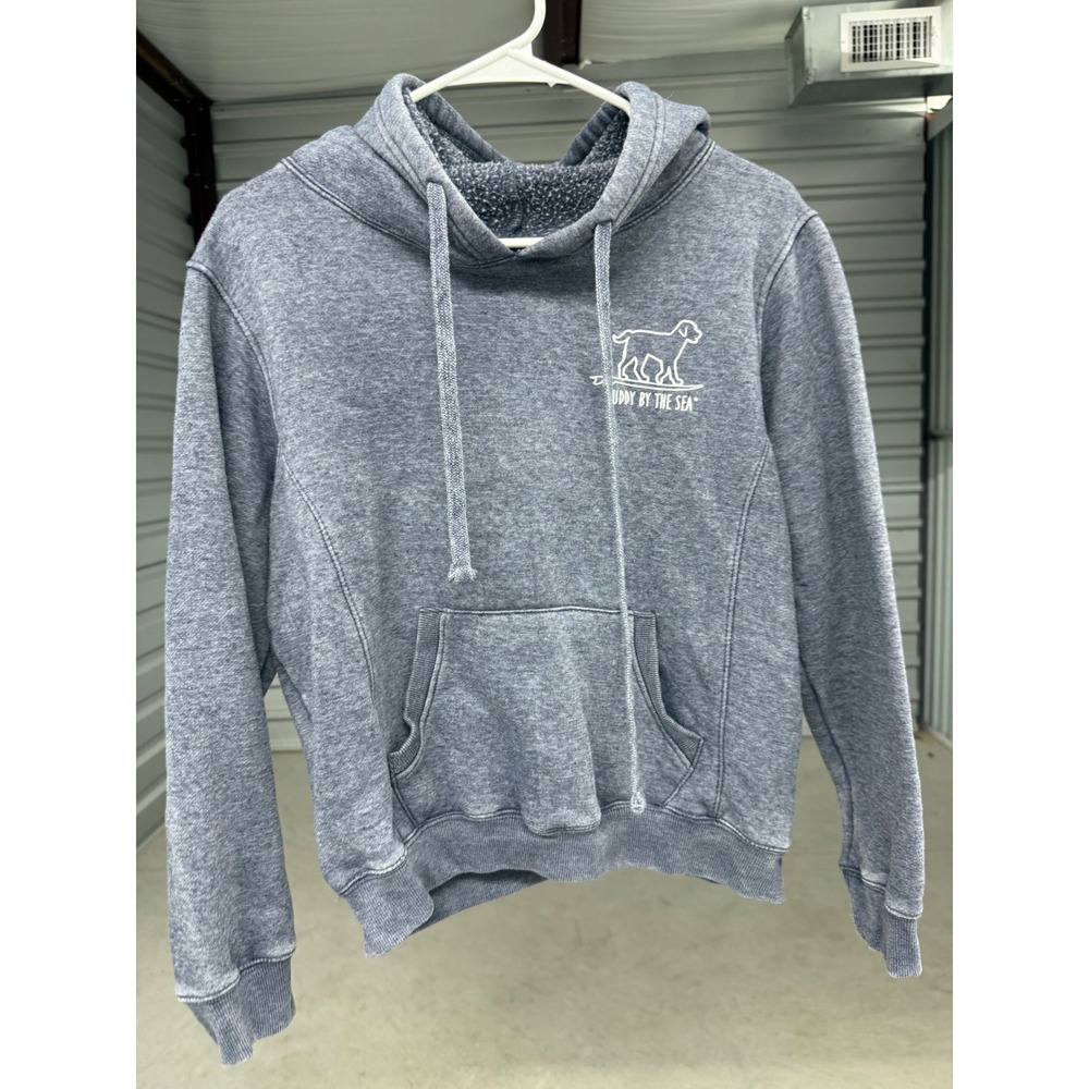 Buddy By The Sea Gray Hoodie Graphic Beach Sunset Palm Tree Pullover Small